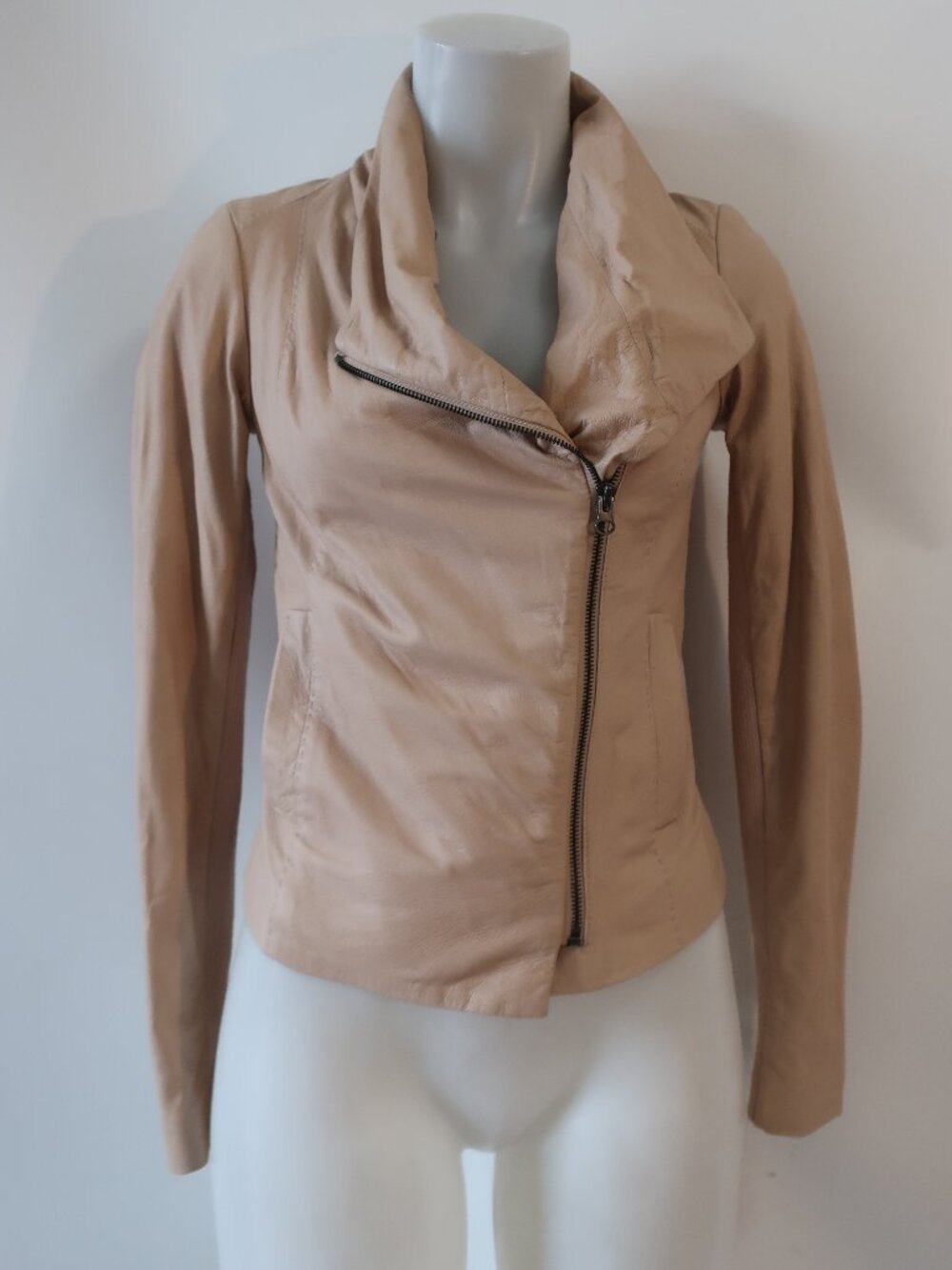 Womens Vince Beige (Item- 304) Mixed Media Ribbed Zip Leather Scuba Jacket XS